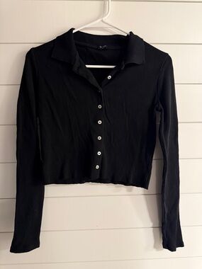 Brandy Melville Black Ribbed Button-Front Long Sleeve Polo Size S